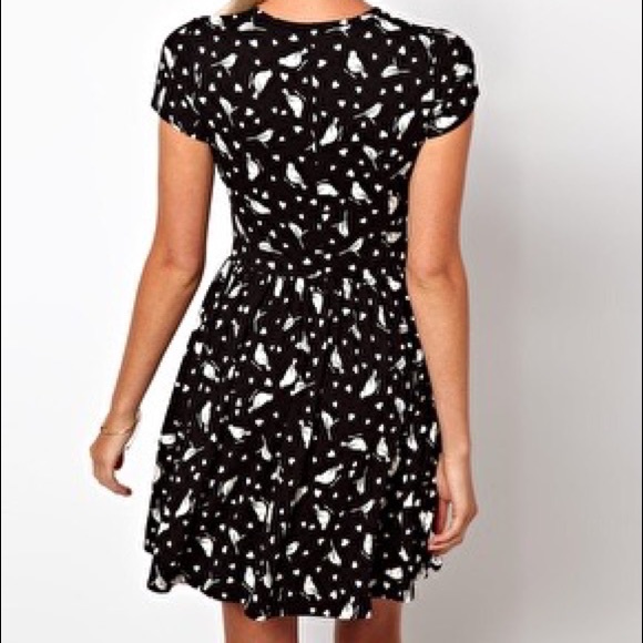 ASOS Skater Dress Wrap Front In Heart Bird Print - Picture 2 of 6